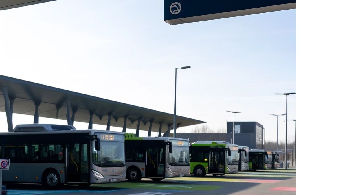 Modernes Busdepot mit verschiedenen Bussen